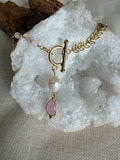 Vénus-ketting met rozenkwarts en zoetwaterparel