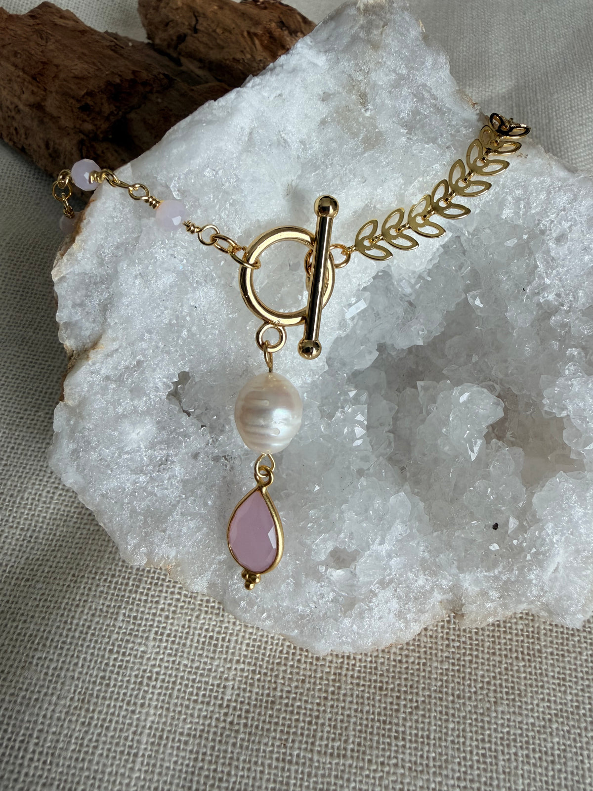 Vénus-ketting met rozenkwarts en zoetwaterparel