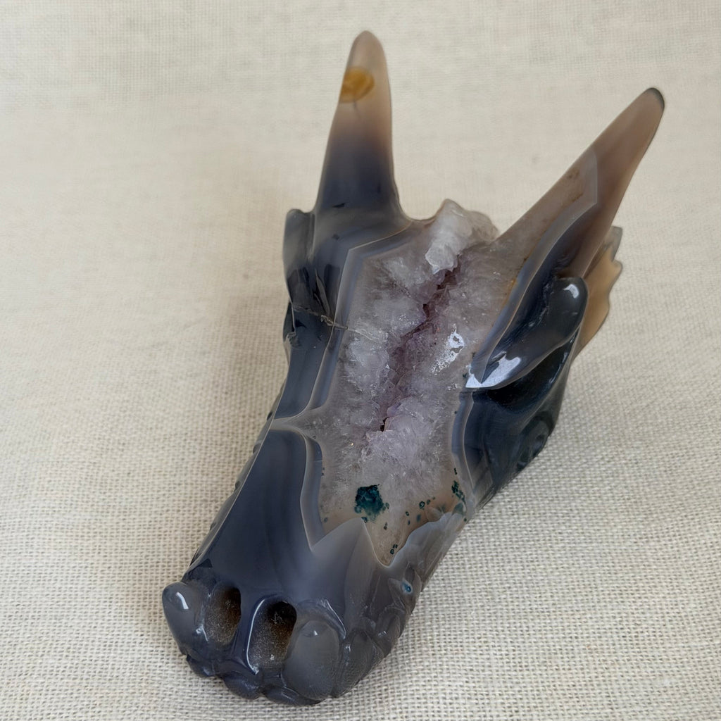 Agaat Drakenkop met Kristalgeode – Uniek exemplaar